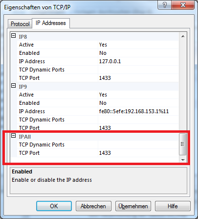 o unter IPAll der TCP-Port (idealerweise 1433) festgelegt wurde (d.h. keine dynamischen Ports verwendet werden) und das Feld TCP Dynamic Ports leer ist. - 13-11.