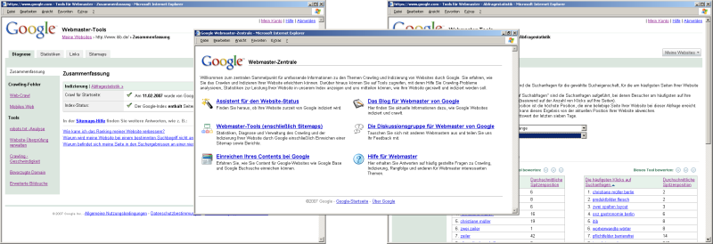 4 Suchen im Web 4.5 Suchmaschinen-Optimierung Abbildung 4.8: Screenshots der Google Webmaster-Tools (Stand: 16.03.