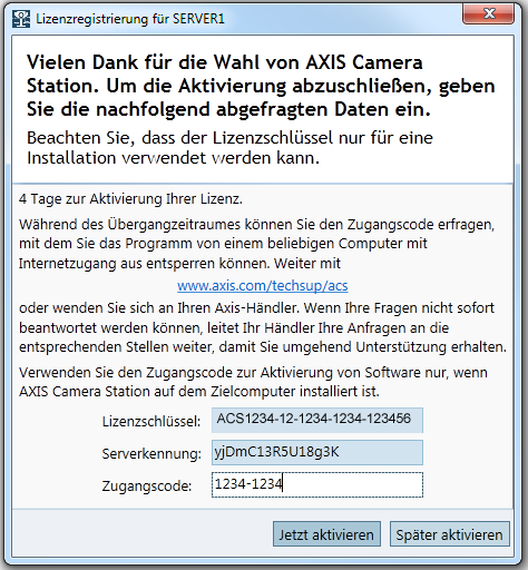 ENGLISH Installationsanleitung für AXIS Camera Station Seite13 2. Klicken Sie im Dialogfeld Lizenzen" auf Übergangsaktivierung. 3. Geben Sie den Zugriffscode ein.