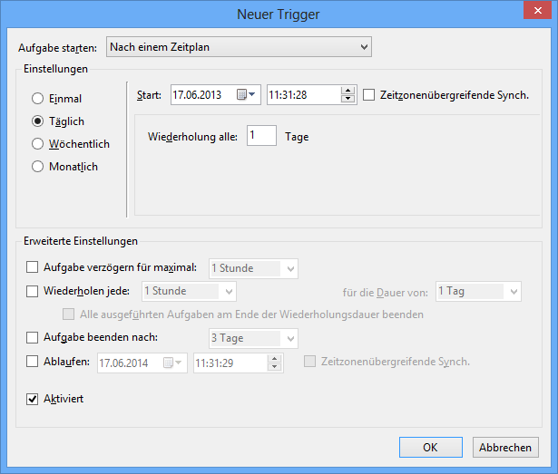 Abbildung 7.3.3: Anlegen der Aufgabe zum regelmäßigen Ausführen der Datei Backup.bat in der Windows Aufgabenplanung. 5. Wechseln Sie auf das Register Trigger und betätigen Sie die Schaltfläche Neu. 6.