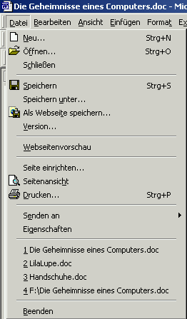 Bedienung Abbildung 76: Befehle in einem Menü mit zugehörigen Symbolen und Tastaturkürzeln Und dann gibt es noch eine dritte Möglichkeit: Für häufig benutzte Befehle, stellen die meisten Programme