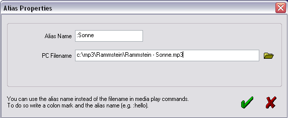 14. Media Player Neuer Alias 4. Vergeben Sie einen Namen oder eine Nummer 5. Geben Sie den PC-Dateinamen (mit vollem Dateipfad) von Hand ein oder klicken Sie zum Durchsuchen der Festplatte. 6.