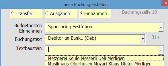 Bedenungsanletung Buchhaltung Veren XY Als Erstes muss zwschen Ausgaben, Ennahmen oder Transfer gewählt werden. Geben Se de Daten der Tab-Rehenfolge en.