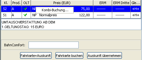 2. Fahrkarten-Erstellung Online-Ticket Erstellung möglich: siehe Spalte OLT links neben der Spalte Preis (EUR) für eine Fahrkarte kann ein Online-Ticket erstellt werden für eine Fahrkarte kann kein