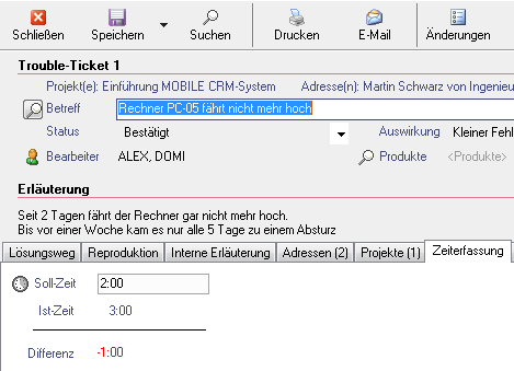 Helpdesk - Soll und Ist-Zeit In Trouble Tickets stehen unter dem Reiter "Zeiterfassung" die Felder "Soll-Zeit" und "Ist-Zeit" zur Verfügung.