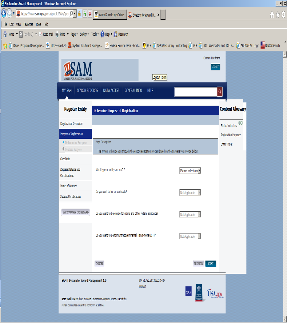 Determine Purpose of Registration: Zeigt sich meist nur als Startseite bei Neuregistrierungen und wird bei Erneuerungen übersprungen.