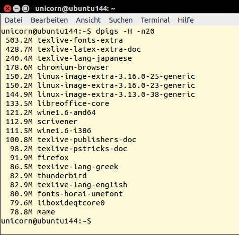 TIPPS & TRICKS Ubuntu, Linux Mint und Knoppix Abb. 4: Das kleine Tool dpigs zeigt auf Debian-basierten Distributionen die Pakete an, die den meisten Platz verschlingen.