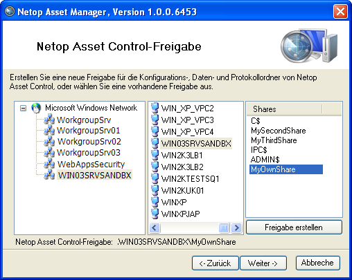 Installation von Netop Asset Control wählen Sie eine vorhandene aus. Die Freigabe wird für die Datenfreigabekomponenten verwendet, d. h.