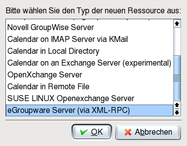 4.8 Clientanbindung Abbildung 4.21: Kontact - Hinzufügen der xmlrpc Ressource 4.8.2 Installieren von ical Die Installation des ical-servers ist auf [egw 06c] beschrieben.