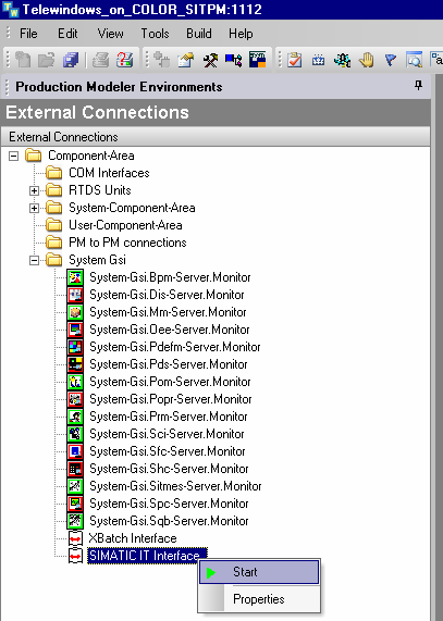 PCS 7 und Starten Sie im SIMATIC IT-System die GSI-Schnittstelle mit dem Namen "SIMATIC IT Interface im Bereich "External Connections".