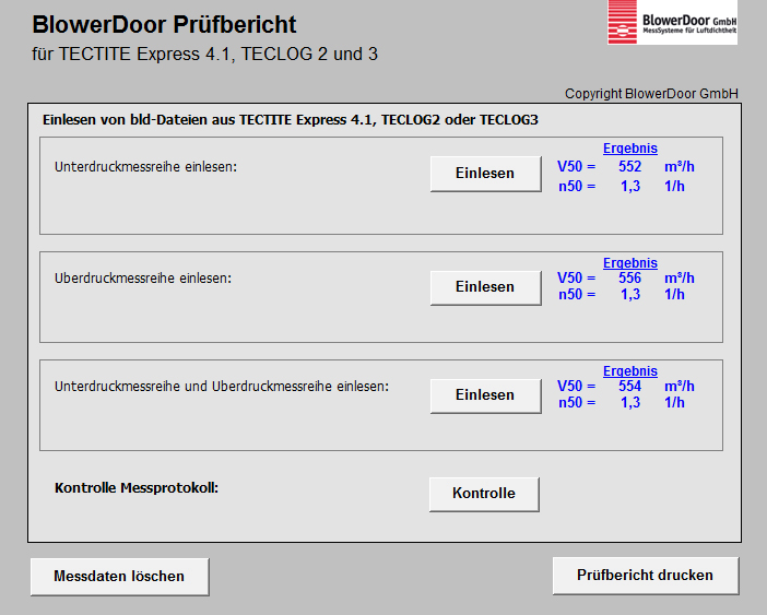 5 Prüfbericht nach DIN EN 13829 erstellen Klicken Sie eine der Schaltflächen für Einlesen an. Es öffnet sich ein Fenster, in dem die gewünschte Messung (bld Datei) ausgewählt werden kann.