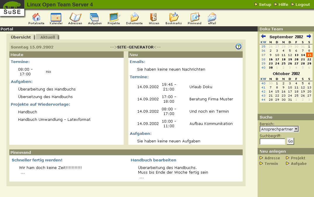 Abbildung 4.1: Die Portal-Seite des SuSE Linux Openexchange Server 4 Direkt darunter befindet sich die Navigationsleiste der Groupware (siehe Abbildung 4.2).