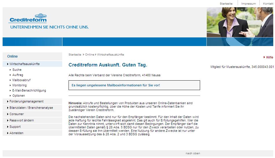 Gehen Sie auf die Website www.creditreform-bonn.de und klicken Sie recht oben auf den grünen Login-Button und wählen CrefoDirect aus.