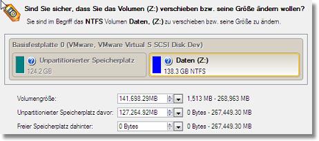 256 7. Jetzt können Sie die erweiterte Partition verkleinern, indem Sie den Bereich mit nicht-partitioniertem Speicherplatz ausgliedern.