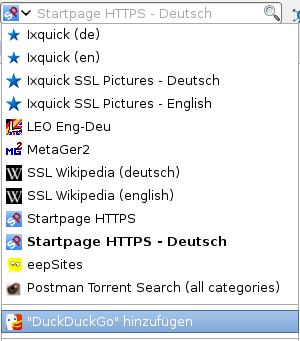 64 KAPITEL 4. SPURENARM SURFEN Abbildung 4.4: Suchmaschine DuckDuckGo hinzufügen Außerdem kann die Generierung von Suchvorschlägen deaktiviert werden.