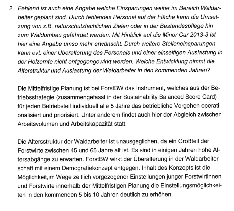 tion bei den Forstwirten: Das genannte Demografiekonzept wird weiter betrachtet werden. Zu 4.4.6. Mangelnde Beteiligung von Interessensvertretern bei Forst BW wird angemahnt Zu 5.4.2.