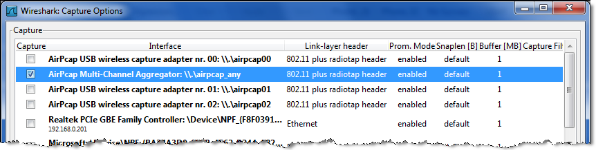Konfiguration des Wireshark mit AirPcap 21 Datenaufzeichnung