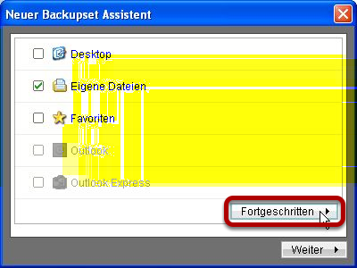 Backupset Assistent startet Im nun erscheinenden Backupset Assistenten können Sie im ersten Schritt festlegen, welche Dateien gesichert werden