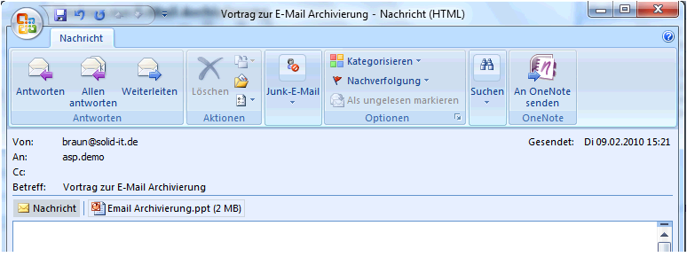 Ausgelagerte Nachrichtenanhänge Mailbox Extension lagert Dateianhänge aus der Email in das Mimosa Archiv aus, um die Größe des Postfaches zu reduzieren.