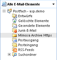 Umgang mit dem Mimosa Archiv Zugriff auf Ihr Mailarchiv über Mimosa Archive Servers in Outlook oder Outlook Web Access (OWA) - Klicken Sie auf den "Mimosa Archive Ordner" nach dem Sie Outlook oder