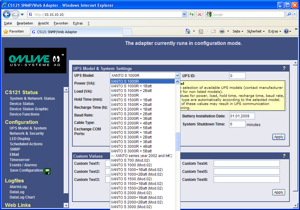Hier wählen Sie bei UPS Model: Ihren verwendeten UPS Typen aus.. Abbildung 3.