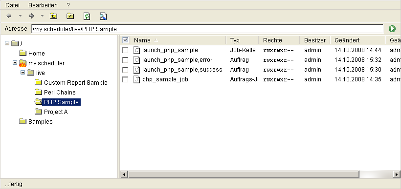 Workflow-Verwaltung 16 5.2 Explorer Die verwalteten Objekte (Ordner, Jobs, Job-Ketten, Aufträge, Prozess-Klassen, Schedules, Parameter und Sperren) werden in einer Explorer-Ansicht dargestellt.