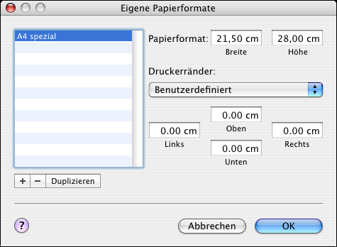 DRUCKEN UNTER MAC OS X 35 EIGENE SEITENGRÖSSE DEFINIEREN - MAC OS X V10.4 1 Wählen Sie Papierformat im Menü Ablage der Anwendung. 2 Wählen Sie Eigene Papierformate im Menü Papierformat.