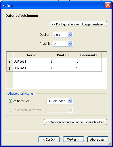 Winsol 2. Fenster: Datenaufzeichnung Kurzbeschreibung: Auslesen der im Logger gespeicherten Konfiguration Festlegung der Quelle und Anzahl der Datenleitungen bzw.