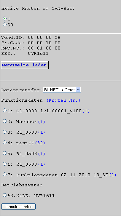 Zugriff per Browser MENÜ Datenverwaltung Der Bootloader BL-NET bietet die Möglichkeit mittels Browser über Ethernet den Transfer von Funktionsdaten bzw.