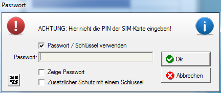 Bei Start von SIMcrypt mit Passwortabfrage erscheint ein Info-Fenster, das Sie mit OK verlassen können, wenn Sie kein Passwort/Schlüssel verwenden möchten.