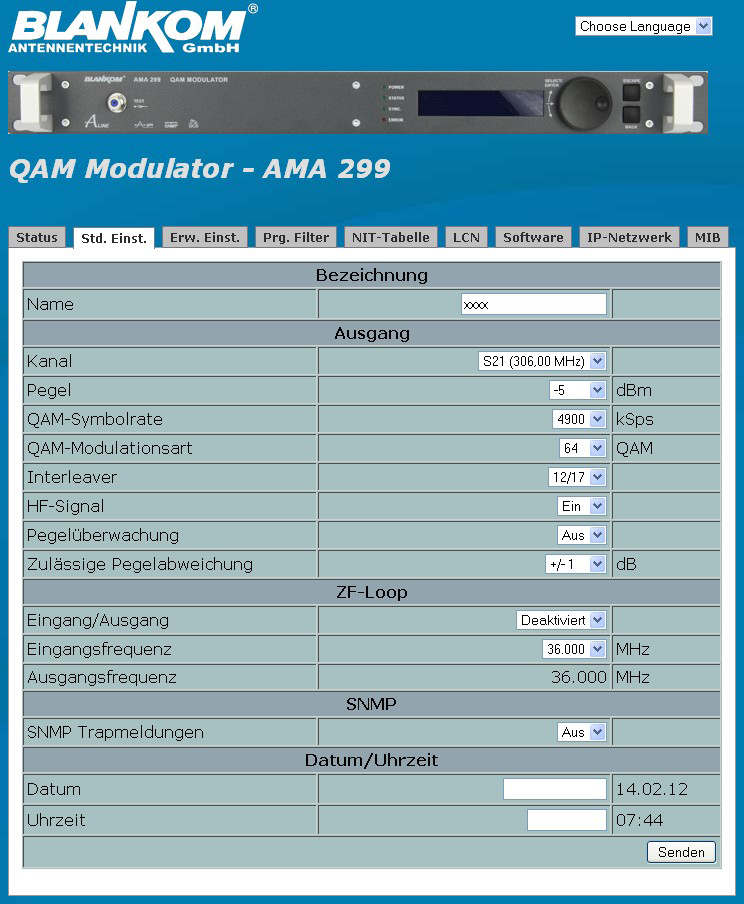 QAM-Datenrate minus Datenrate nach Filter FIFO-Speicher Auslastung Anzeige in % Einstellwerte Bezeichnung z.b eingegebener Programmname lt. Punkt 6.3 Frequenz eingestellte Ausgangsfrequenz lt.