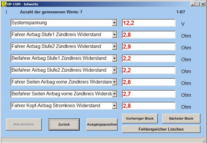 Ist-Wert Anzeige: Mit Klick auf [Ist-Wert Anzeige] erscheint dieses Fenster. Hier erscheinen die Steuergeräte- Parameter bzw.