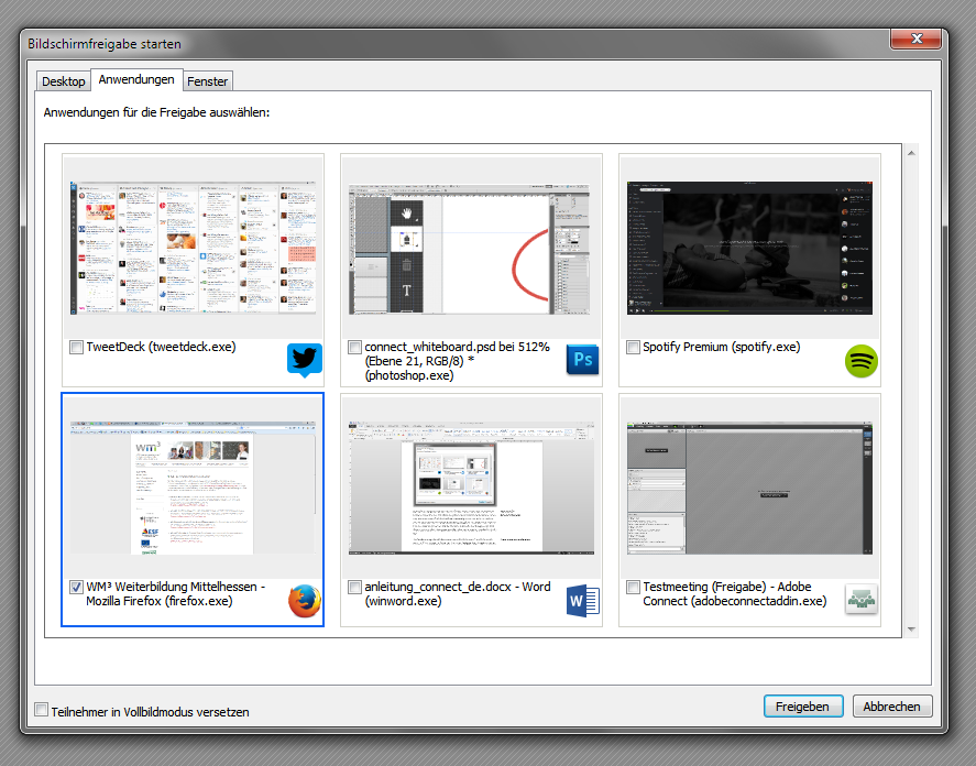 3 Bildschirm und Dokumente freigeben Mit Adobe Connect ist es möglich den eigenen Bildschirm für andere sichtbar zu machen und Dokumente hochzuladen und anzeigen zu lassen, z.b. für eine Präsentation, die vor den anderen Teilnehmenden gehalten werden soll.