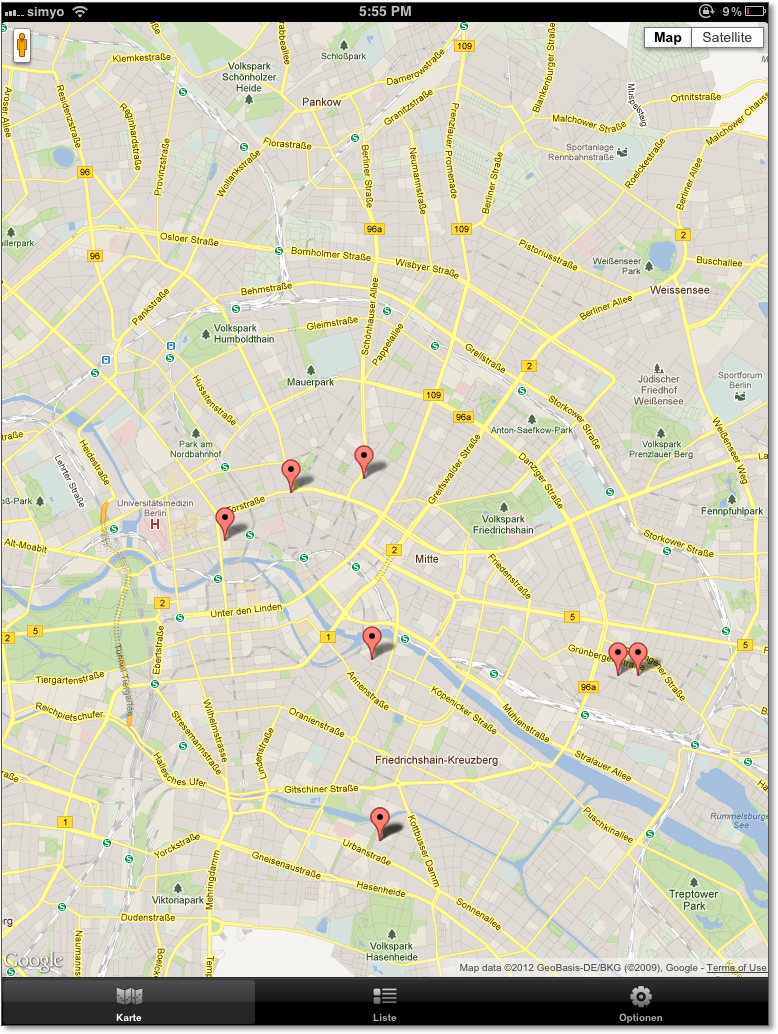 5 Positionsbestimmung Abbildung 5.24 Die App auf dem ipad 5.3 More Fun mit Geodaten Die Google Maps APIs sind nur eine Möglichkeit, mit geografischen Daten ansprechende Apps zu kreieren.
