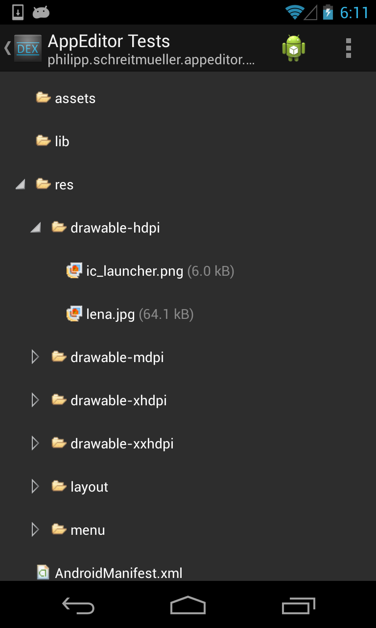 4 Verwandte Arbeiten und Projekte Nachdem der DVM Byte Code und die Ressourcen dekompiliert wurden, gelangt man auf einen Filebrowser (siehe Abbildung 4.2).
