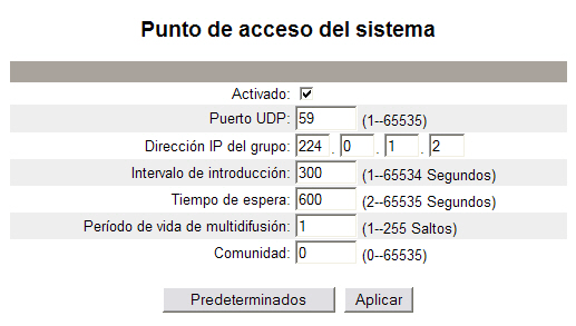 Tarjeta de comunicaciones Ethernet de la central de medida de la serie 800 de PowerLogic 63230-506-204B2 Configuración 08/2012 Tabla 11: Configuración del punto de acceso del sistema Activado Opción