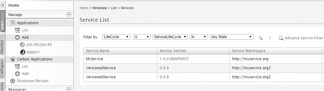 5.5.3 Suchen und Filtern von Serviceversionen WSO2 Um einfacher Versionen von Artefakten zu finden, kann man bei WSO2 GREG die Filterund Suchfunktion im Menü List nutzen.