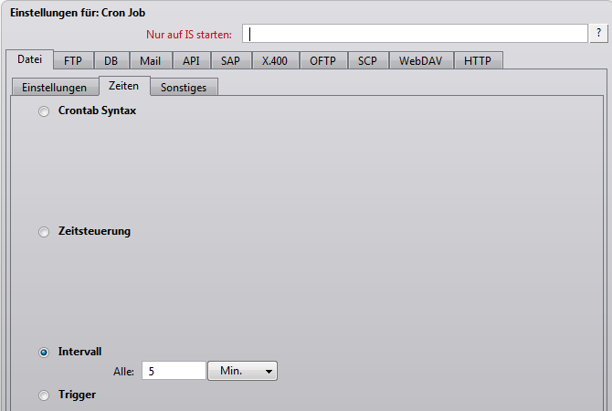 Abbildung 3.10: Phase 1: Konfigurationsmaske für den Agenten Cron:Datei - Einstellungen Zu den übrigen Möglichkeiten der Zeitensteuerung siehe Referenzhandbuch Kapitel 2.5.1 Zeiten. Abbildung 3.