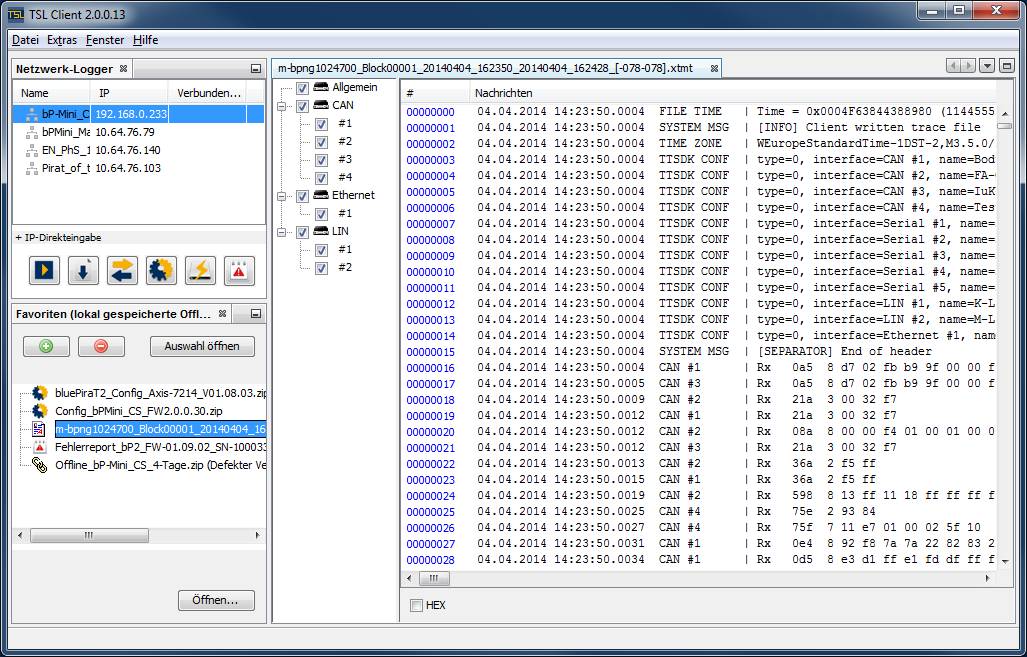 Version 2.0.1 27.11.2014 Rev.1 Seite 108 11.10. Der integrierte Trace Datei Viewer Um einen Überblick über die Offline-Daten zu erhalten, steht ein Trace-Datei-Viewer zur Verfügung.