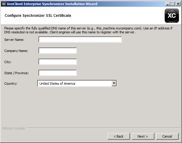 12. Das Installationsprogramm sammelt Informationen für das SSL-Zertifikat des Servers: Geben Sie die folgenden Daten für das SSL-Zertifikat an: Vollqualifizierter Domänenname bzw.