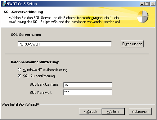 Hinweis: Auch bei einer Neuinstallation von SWOT Co wird das Setup die bisher verwendeten Einstellungen bezüglich MS SQL Server und dessen Zugangsdaten finden und zur weiteren Verwendung vorschlagen.