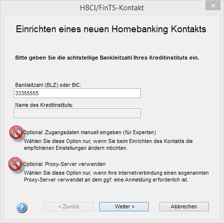 Klicken Sie nun auf Neu um dann die Bankleitzahl oder den BIC einzugeben. Anhand dieser Daten wird das Programm dann automatisch das Kreditinstitut erkennen und dies auch anzeigen.