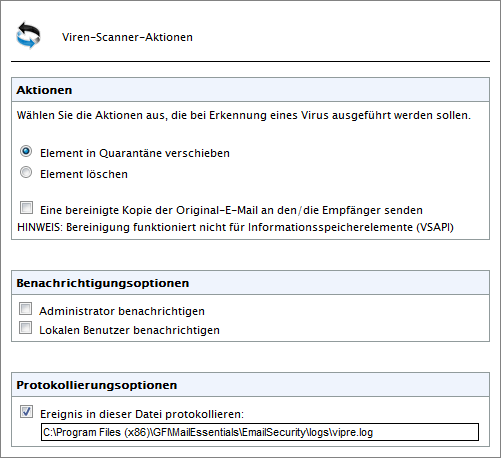 Screenshot 49: Virenscan-Engine: Konfigurationsseite (Registerkarte für Aktionen) 3.