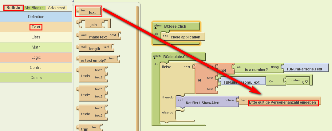 Abbildung 15: Eventhandler für Klickevent von BCalculate programmieren - Schritt 2 Blocks eingefügt.