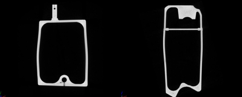 Bild 1. Je drei orthogonale CT-Schnittbilder eines Aluminiumdruckgusstanks vor (links) und nach (rechts) dem Ausrichten. Nach dem Ausrichten bzw.