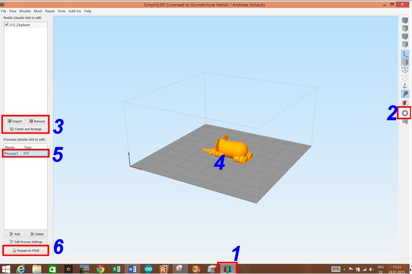 Simlify3D, Steuerungs-Programm Bedienungselemente Start-Icon (1) für den Programmaufruf von Simplify3d, dem Bedienprogramm für den 3D-Drucker.