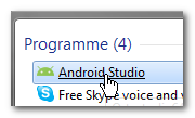 Im Bereich Programme erscheint daraufhin die Option Android Studio Klicken Sie diese Option an, um die Entwicklungsumgebung zu starten. Ein Neues Projekt erzeugen.