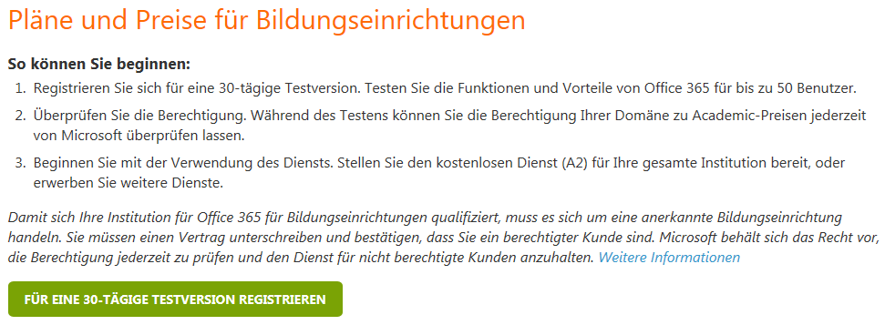 1. Anmelden unter www.office365.de 2. 30-Tage Test von Plan A3 mit 50 Usern 3.Eigene Domäne registrieren 4.