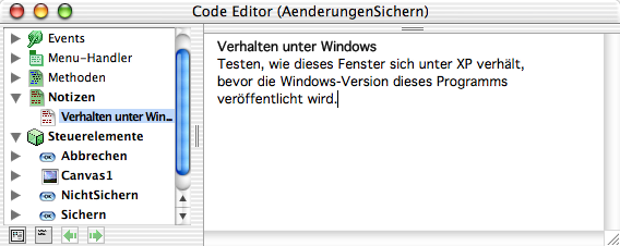 166 Programmierung in BASIC Abb. 137: Das Notiz-Sheet-Fenster unter Mac OS X und die Dialogbox unter Windows Jetzt erscheint die Notiz im Browser unter Notizen und kann im Editor bearbeitet werden.