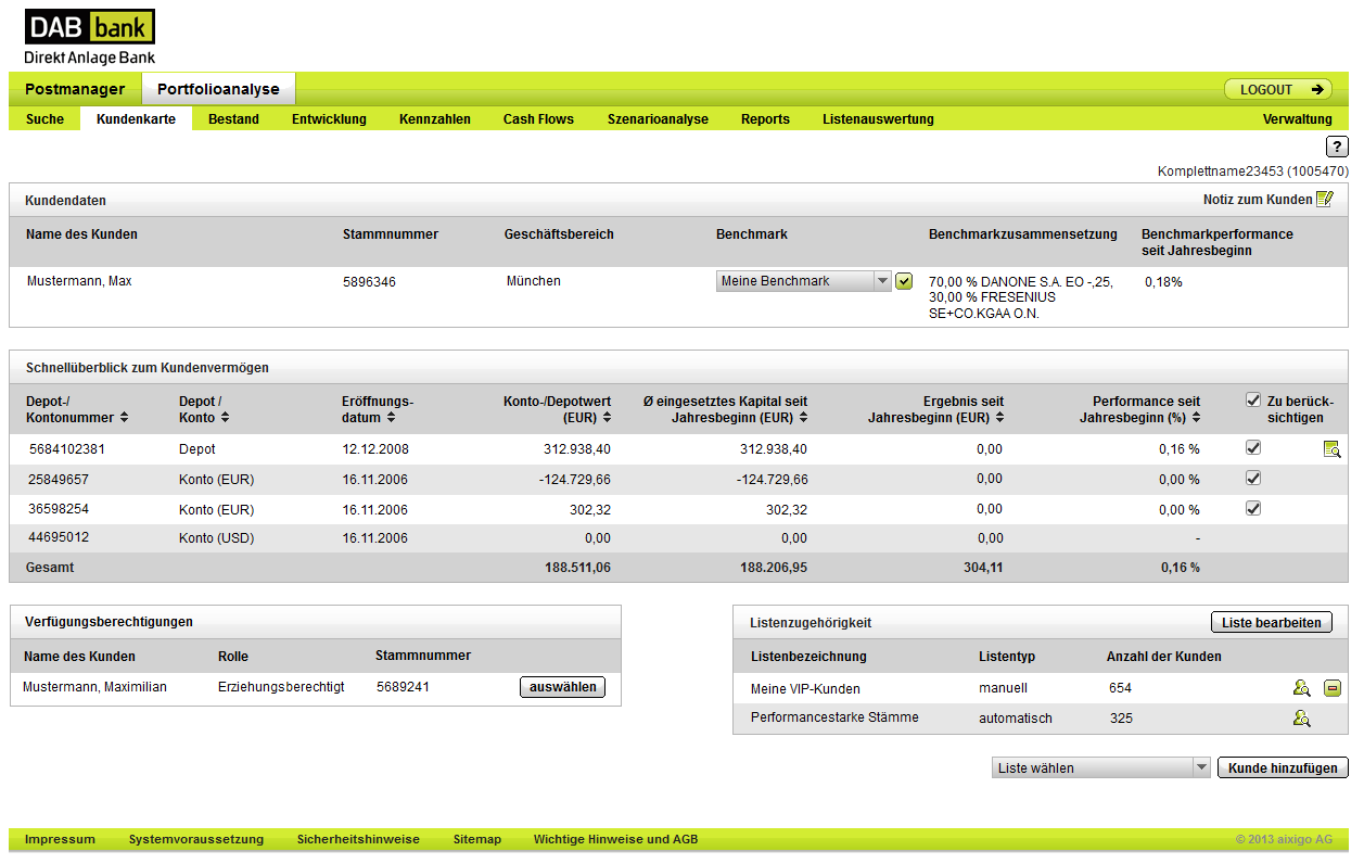 DAB Portfolio Analyse Modul - Benutzerhandbuch 01. September 2013 Seite 16 2.3 Bestimmen des zu analysierenden Kundenbestandes Ist der Stamm ausgewählt, wird Ihnen die Seite Kundenkarte angezeigt.